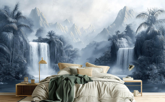 Elegant Chinoiserie Waterfall Gray Tropical Wallpaper – peel and stick wallpaper mural, Golden Era Walls