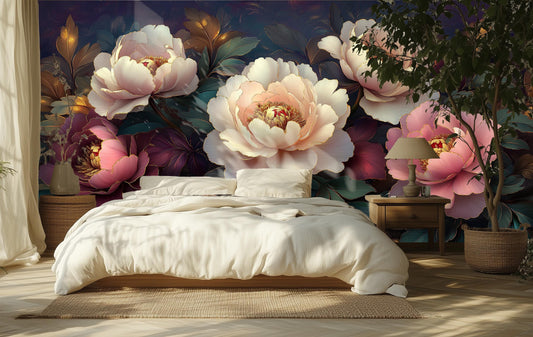 Elegant 3D Peony Gold Floral Wallpaper – room setting, Golden Era Walls