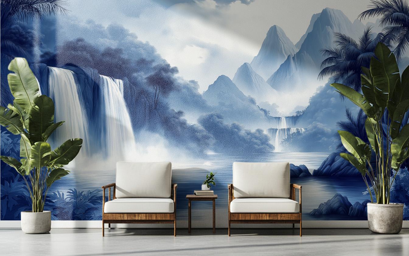 Chinoiserie Tropical Waterfall Blue Tropical Wallpaper – peel and stick wallpaper mural, Golden Era Walls