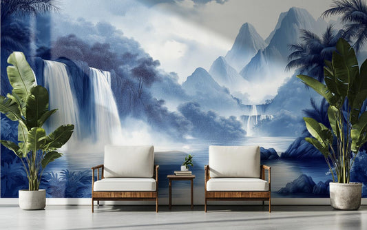 Chinoiserie Tropical Waterfall Blue Tropical Wallpaper – peel and stick wallpaper mural, Golden Era Walls