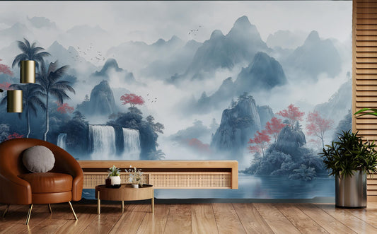 Chinoiserie Landscape Misty Mountains Floral Wallpaper – peel and stick wallpaper mural, Golden Era Walls