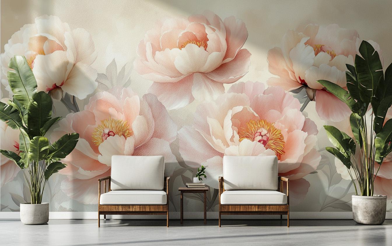Blush Peony Floral Renter Floral Wallpaper – peel and stick wallpaper mural, Golden Era Walls
