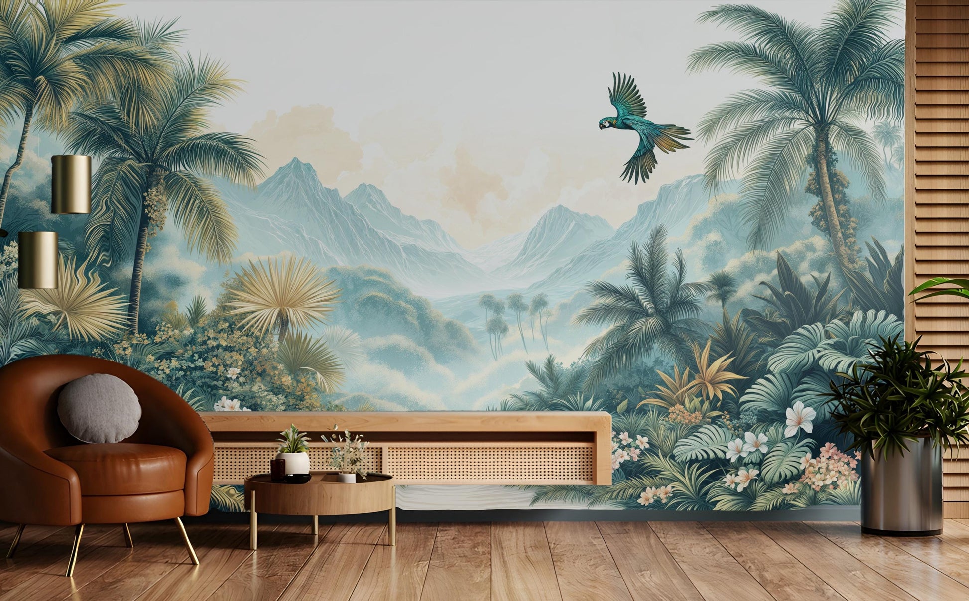 Dreamy Rainforest Lush Greenery Floral Wallpaper – detail view, Golden Era Walls