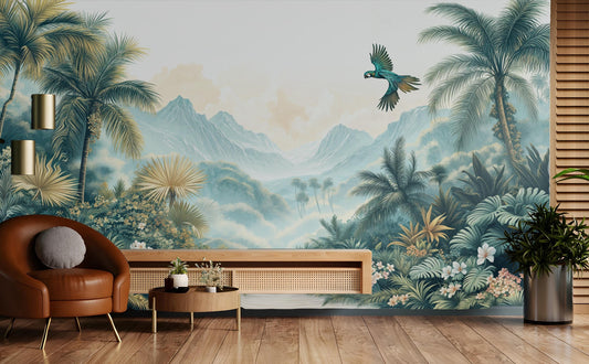 Dreamy Rainforest Lush Greenery Floral Wallpaper – detail view, Golden Era Walls