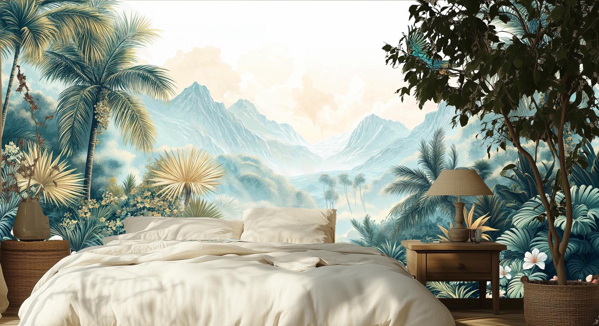 Dreamy Rainforest Lush Greenery Floral Wallpaper – scale reference, Golden Era Walls
