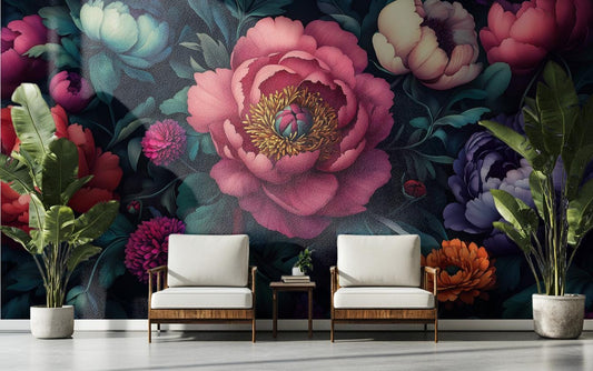 Dark Peony Floral Vintage Floral Wallpaper – detail view, Golden Era Walls