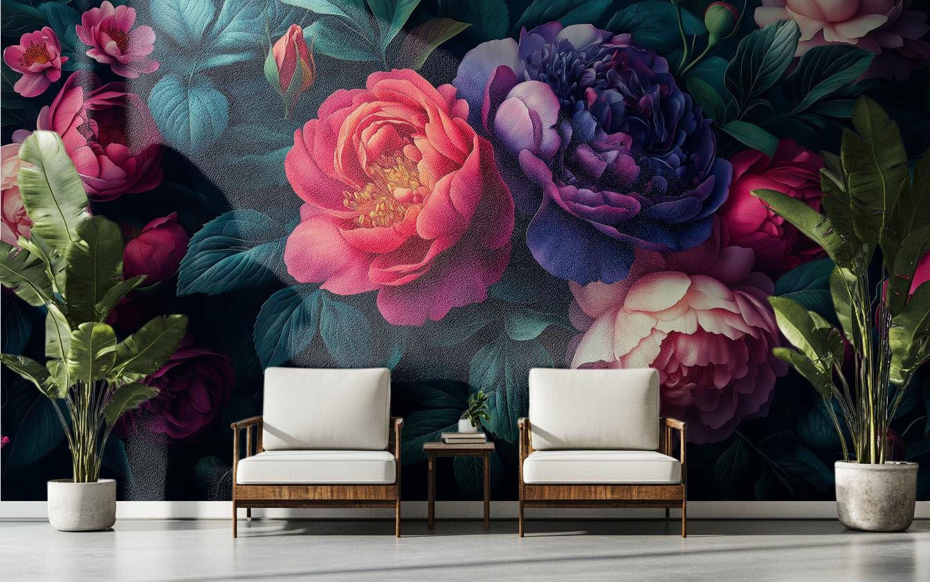 Dark Floral Peony Moody Floral Wallpaper – lifestyle view, Golden Era Walls