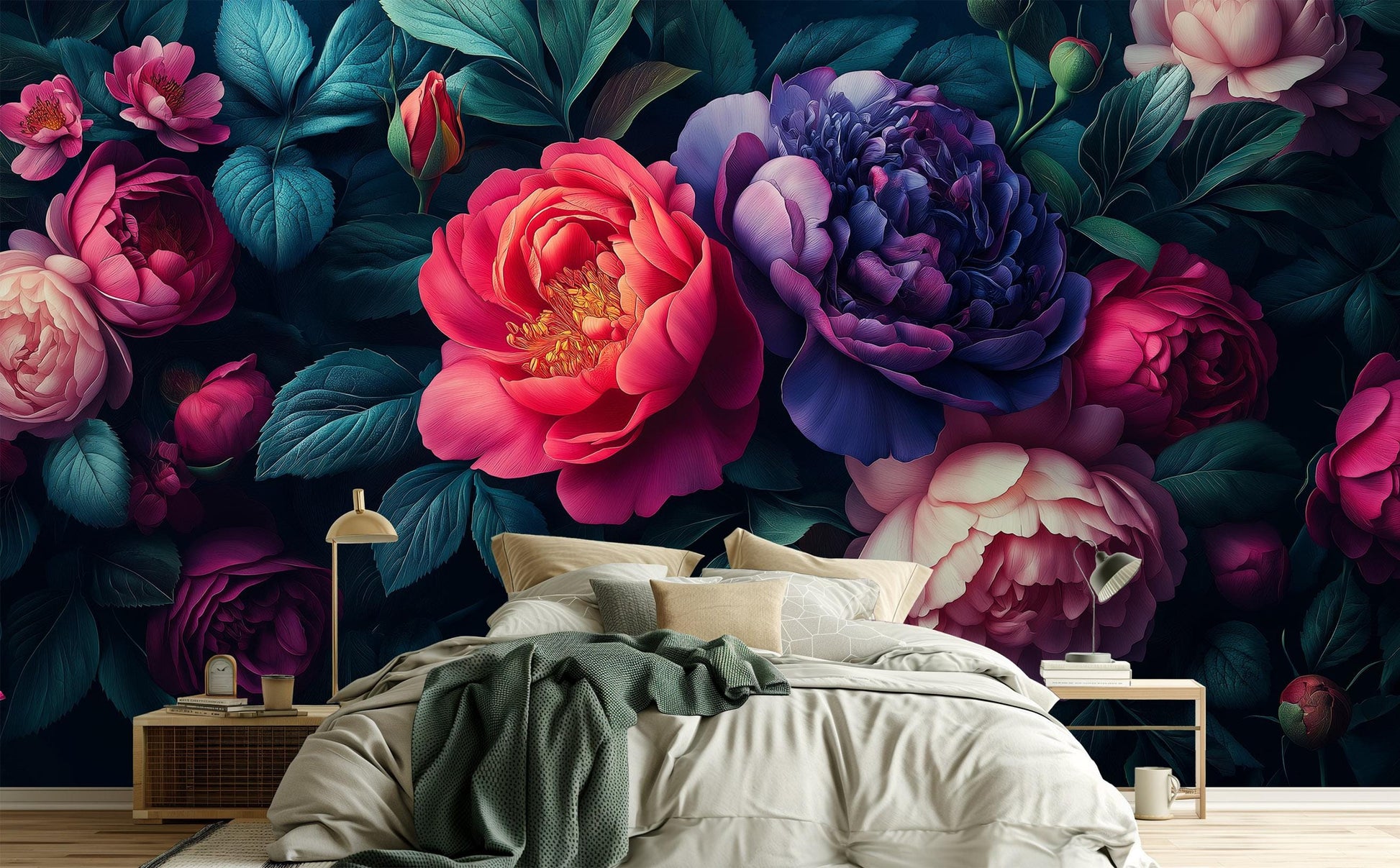 Dark Floral Peony Moody Floral Wallpaper – detail view, Golden Era Walls