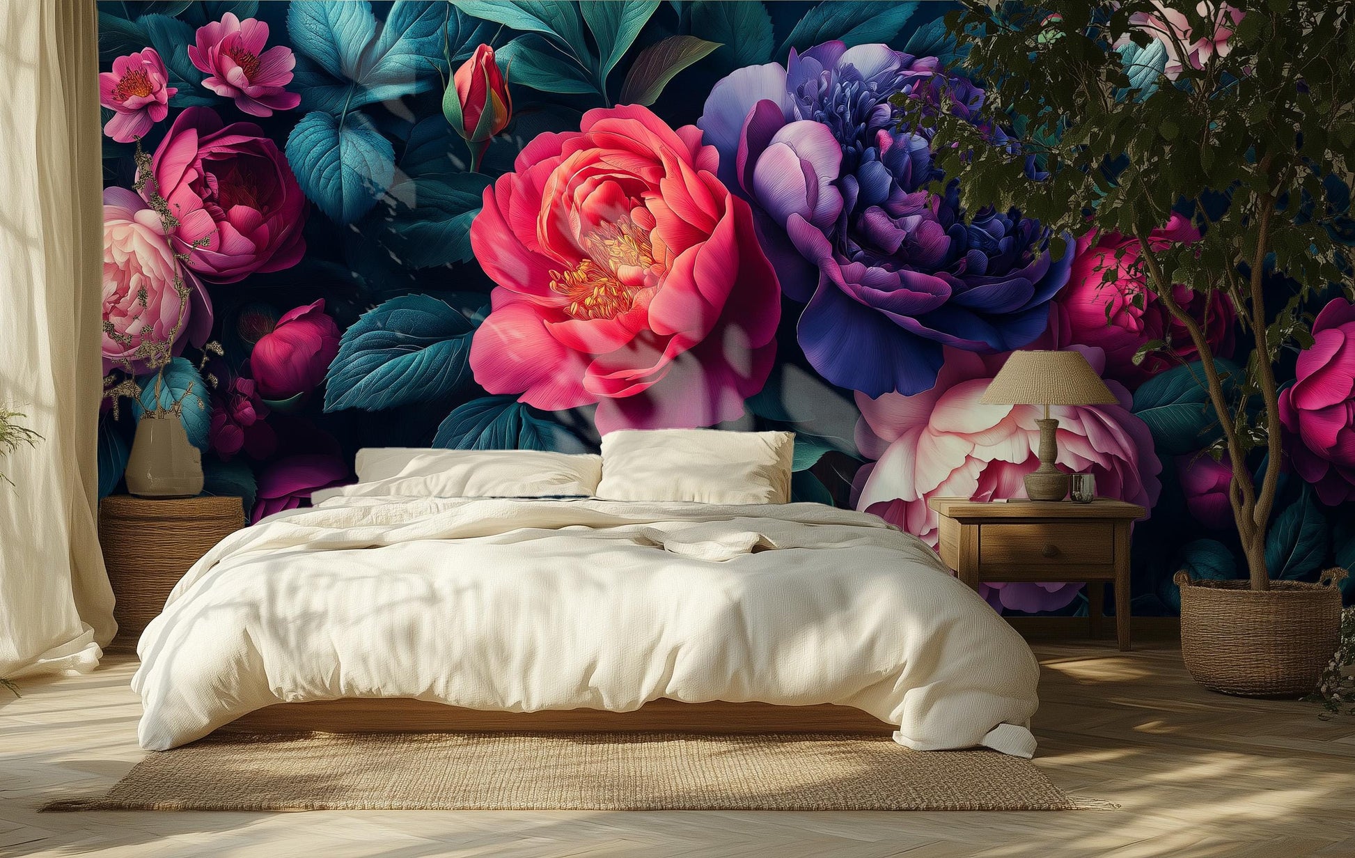Dark Floral Peony Moody Floral Wallpaper – scale reference, Golden Era Walls