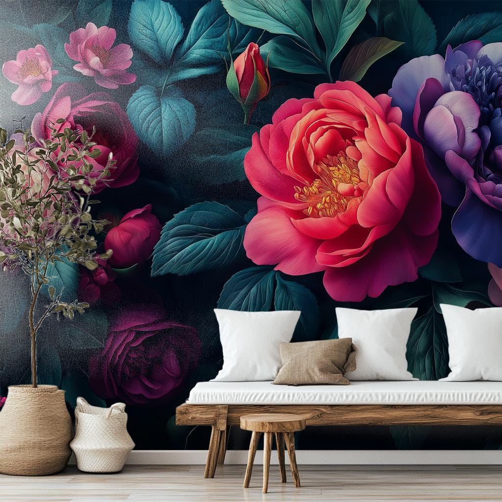 Dark Floral Peony Moody Floral Wallpaper – room setting, Golden Era Walls