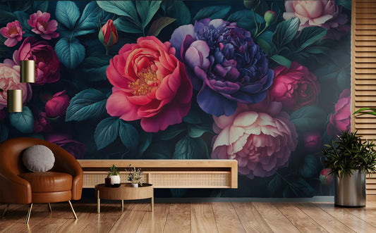 Dark Floral Peony Moody Floral Wallpaper – peel and stick wallpaper mural, Golden Era Walls