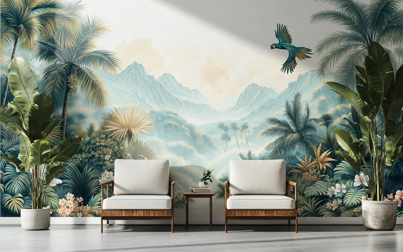 Dreamy Rainforest Lush Greenery Floral Wallpaper – peel and stick wallpaper mural, Golden Era Walls
