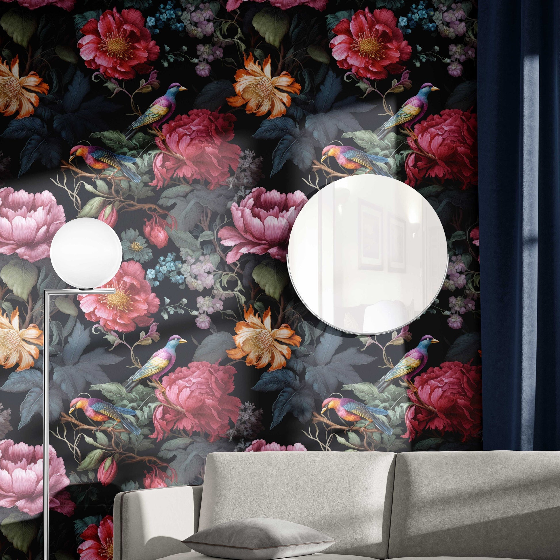 Dark Botanical Beauty Bird Floral Wallpaper – peel and stick wallpaper mural, Golden Era Walls