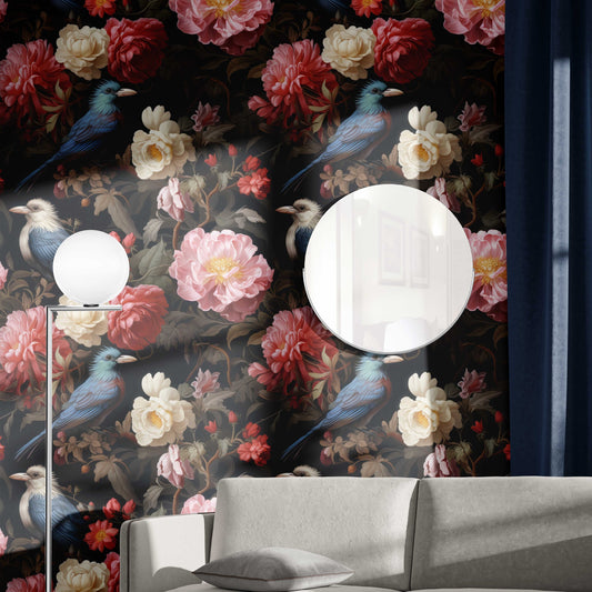 Dark Botanical Beauty Bird Floral Wallpaper Pattern – peel and stick wallpaper mural, Golden Era Walls