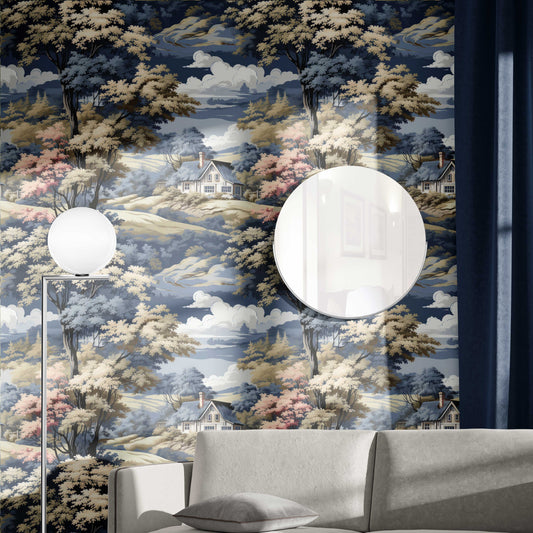 Vintage Toile Modern Twist Floral Wallpaper – peel and stick wallpaper mural, Golden Era Walls