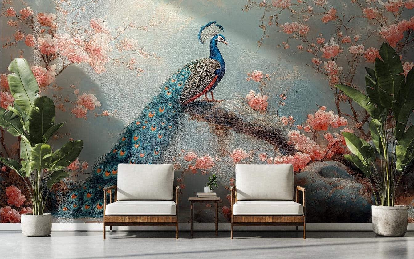 Elegant Peacock Cherry Blossom Floral Wallpaper – lifestyle view, Golden Era Walls