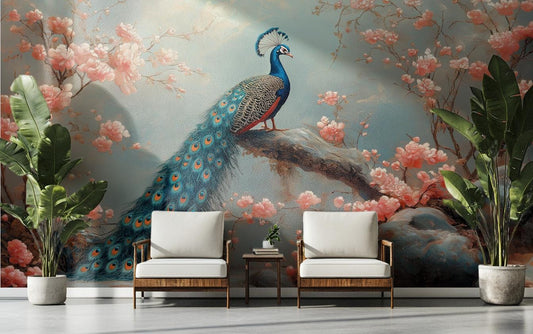 Elegant Peacock Cherry Blossom Floral Wallpaper – lifestyle view, Golden Era Walls