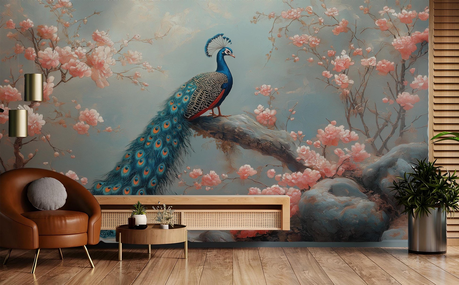 Elegant Peacock Cherry Blossom Floral Wallpaper – detail view, Golden Era Walls