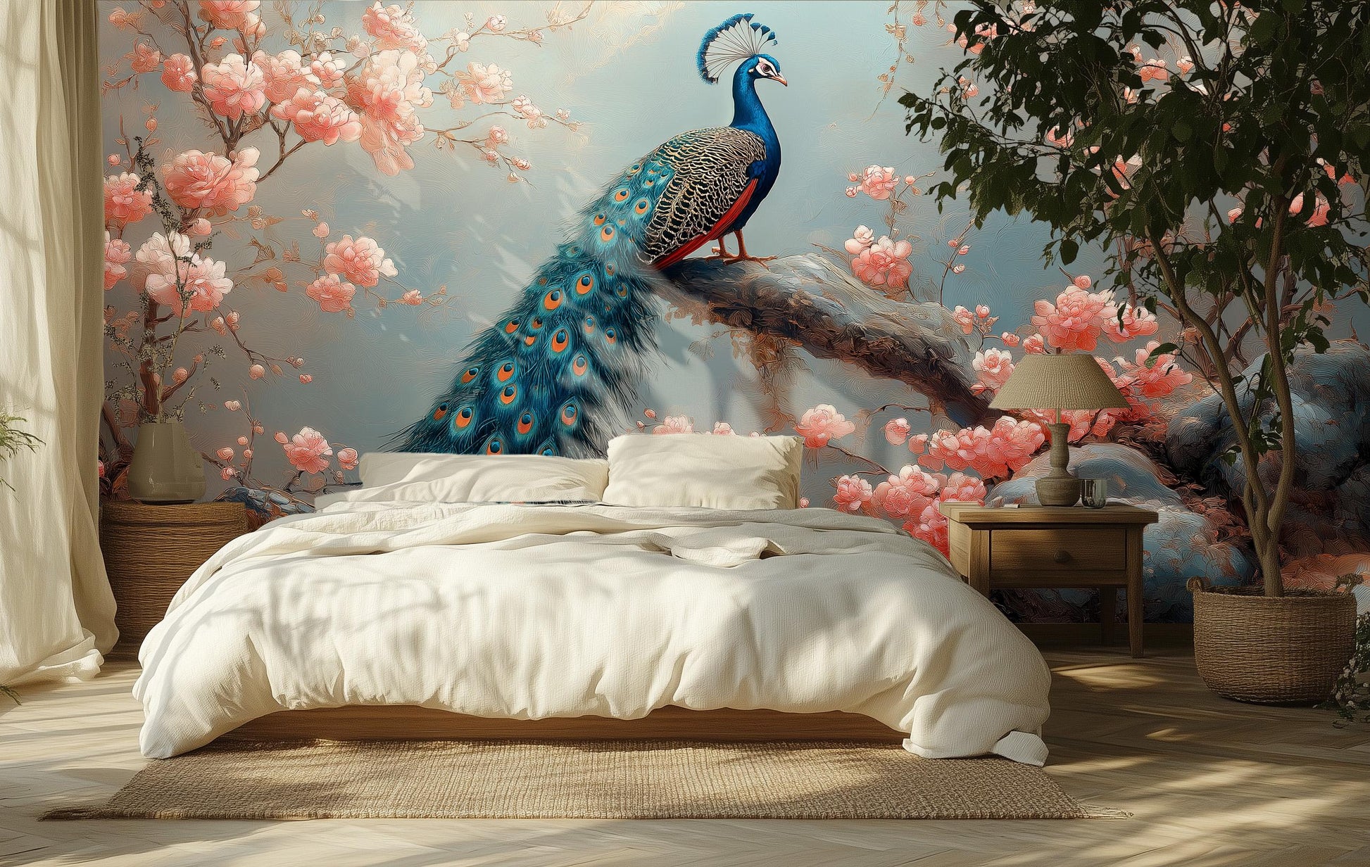 Elegant Peacock Cherry Blossom Floral Wallpaper – scale reference, Golden Era Walls