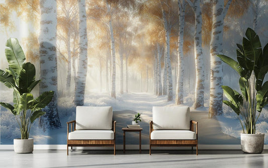 Winter Birch Forest Serene Coastal Wallpaper – detail view, Golden Era Walls