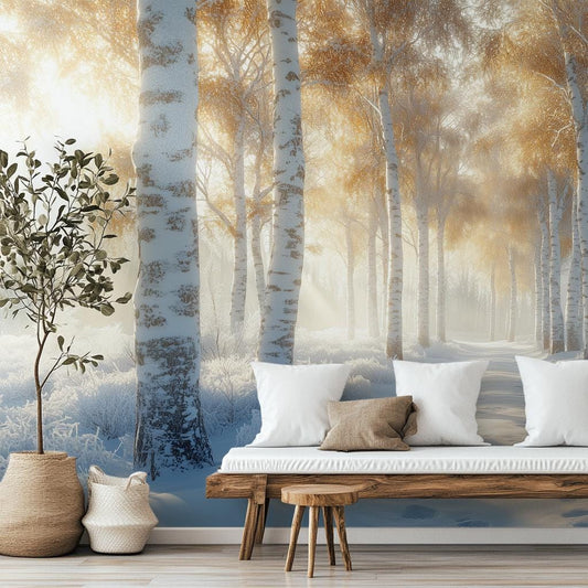 Winter Birch Forest Serene Coastal Wallpaper – peel and stick wallpaper mural, Golden Era Walls