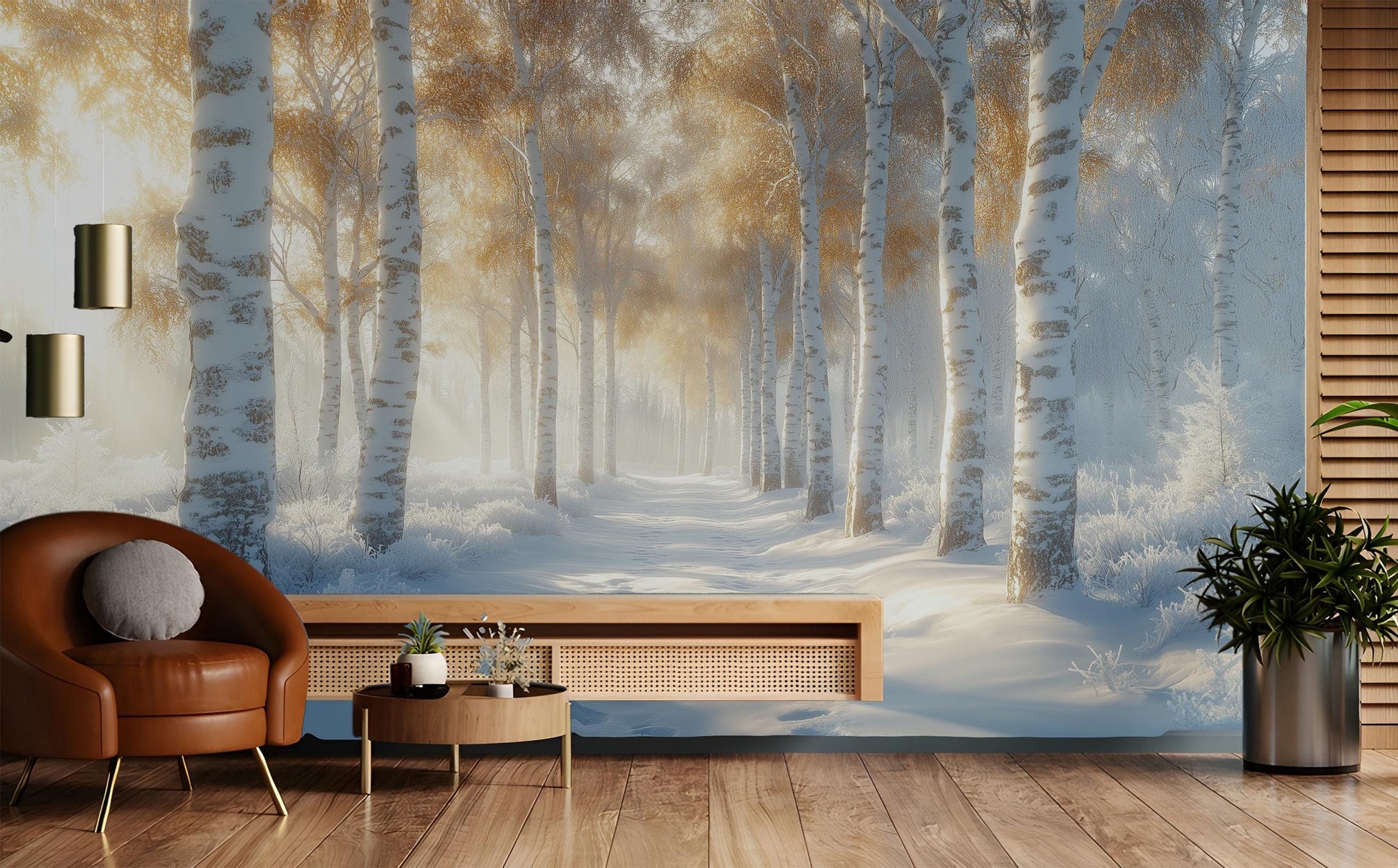 Winter Birch Forest Serene Coastal Wallpaper – scale reference, Golden Era Walls