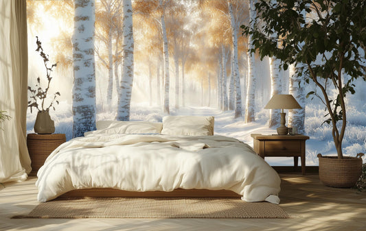Winter Birch Forest Serene Coastal Wallpaper – room setting, Golden Era Walls