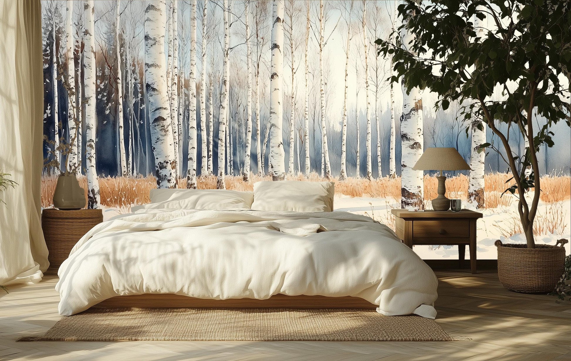 Winter Birch Forest Renter Coastal Wallpaper – scale reference, Golden Era Walls