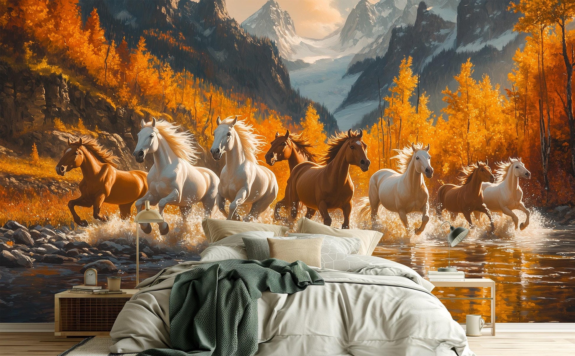 Wild Horses Running Renter Coastal Wallpaper – scale reference, Golden Era Walls