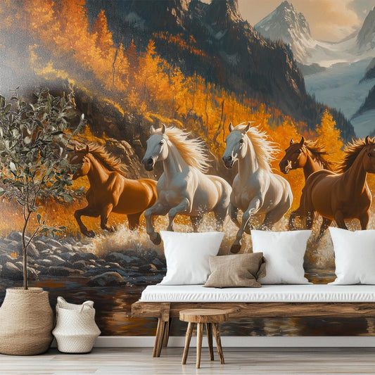 Wild Horses Running Renter Coastal Wallpaper – room setting, Golden Era Walls