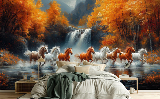 Wild Horses Running Majestic Coastal Wallpaper – room setting, Golden Era Walls