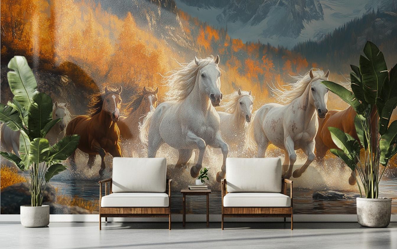 Wild Horses Renter Friendly Wallpaper – peel and stick wallpaper mural, Golden Era Walls