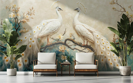 White Peacock Renter Friendly Floral Wallpaper – lifestyle view, Golden Era Walls