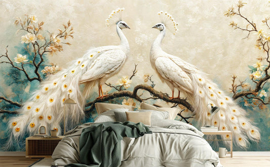 White Peacock Renter Friendly Floral Wallpaper – peel and stick wallpaper mural, Golden Era Walls