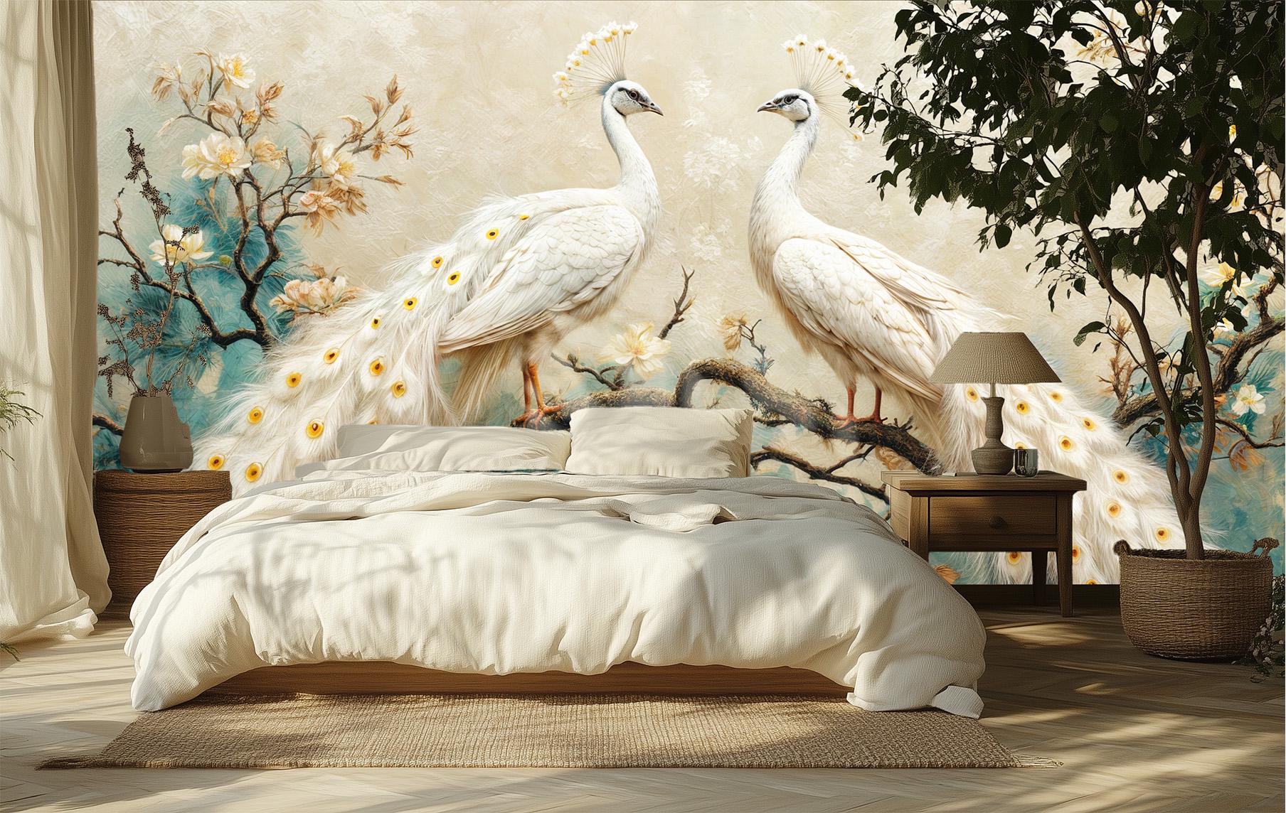White Peacock Renter Friendly Floral Wallpaper – room setting, Golden Era Walls