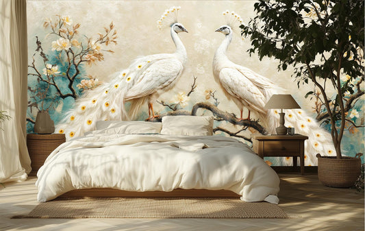 White Peacock Renter Friendly Floral Wallpaper – room setting, Golden Era Walls