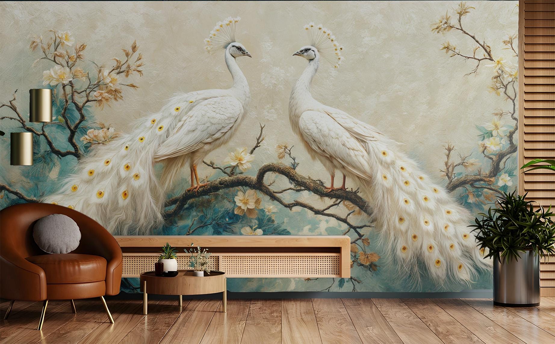 White Peacock Renter Friendly Floral Wallpaper – scale reference, Golden Era Walls