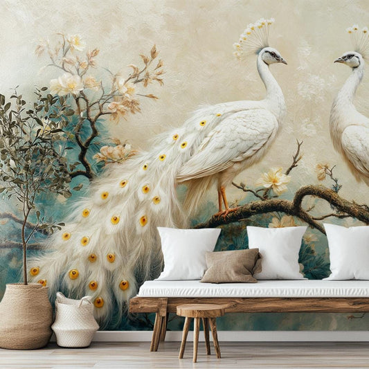 White Peacock Renter Friendly Floral Wallpaper – detail view, Golden Era Walls