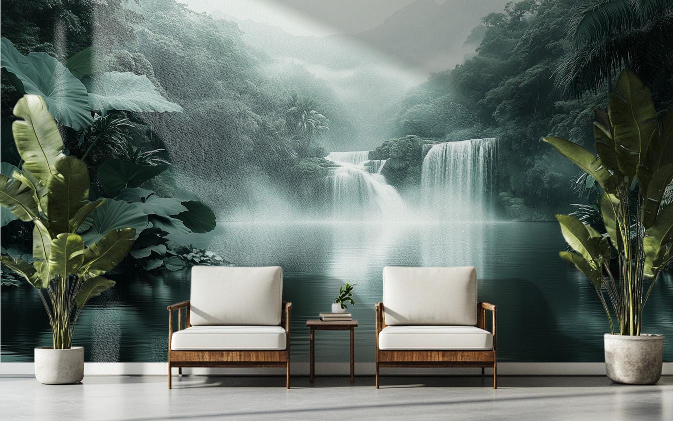 Waterfall Jungle Misty Tropical Tropical Wallpaper – detail view, Golden Era Walls