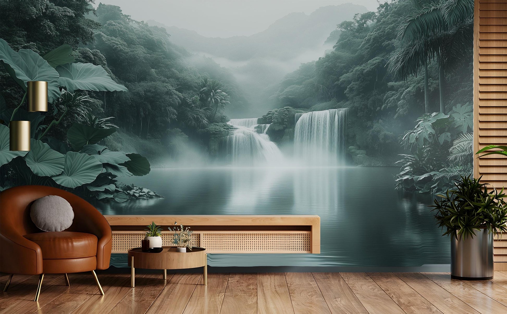 Waterfall Jungle Misty Tropical Tropical Wallpaper – scale reference, Golden Era Walls