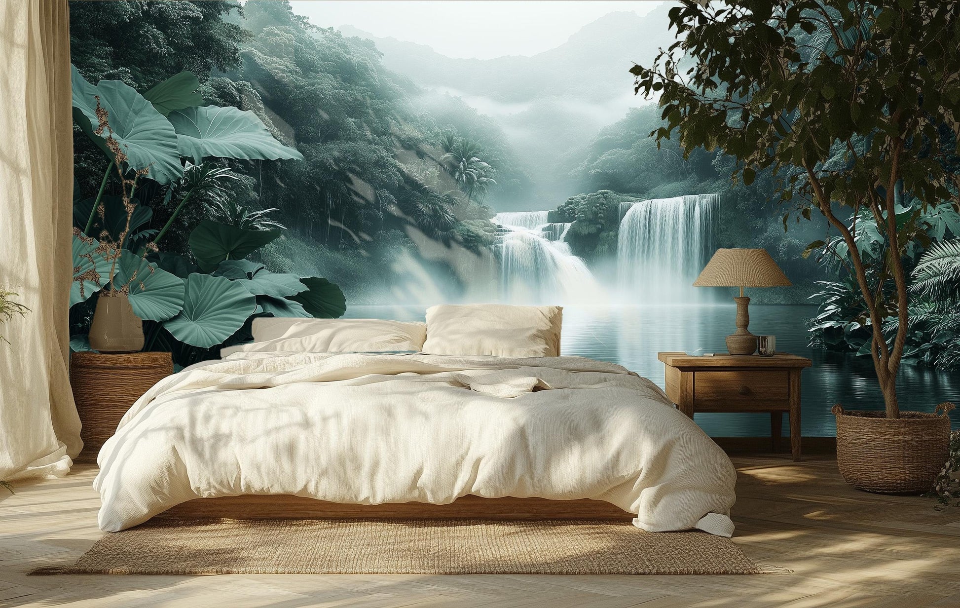 Waterfall Jungle Misty Tropical Tropical Wallpaper – room setting, Golden Era Walls
