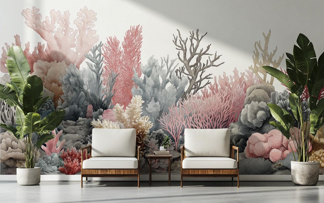 Watercolor Coral Reef or Coastal Wallpaper – detail view, Golden Era Walls