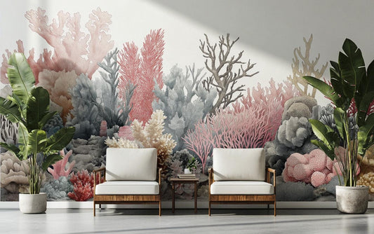 Watercolor Coral Reef or Coastal Wallpaper – detail view, Golden Era Walls