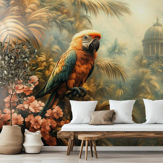 Vintage Tropical Parrot Exotic Floral Wallpaper – lifestyle view, Golden Era Walls