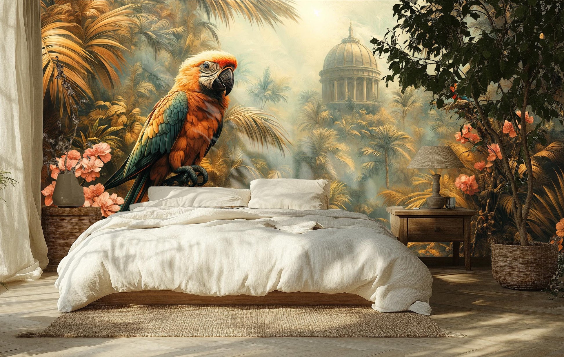 Vintage Tropical Parrot Exotic Floral Wallpaper – detail view, Golden Era Walls
