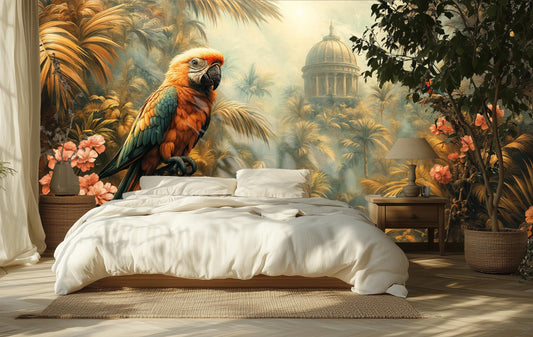 Vintage Tropical Parrot Exotic Floral Wallpaper – detail view, Golden Era Walls