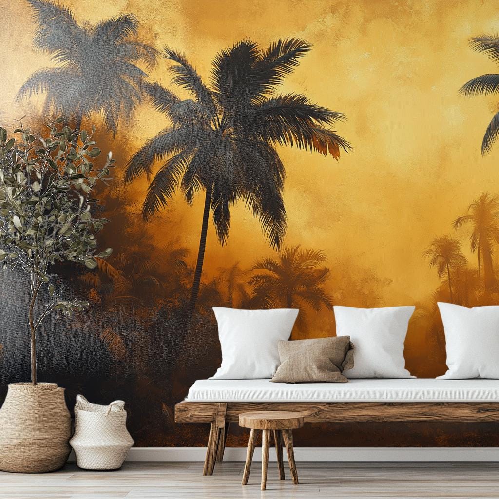 Vintage Tropical Jungle Art Tropical Wallpaper – room setting, Golden Era Walls