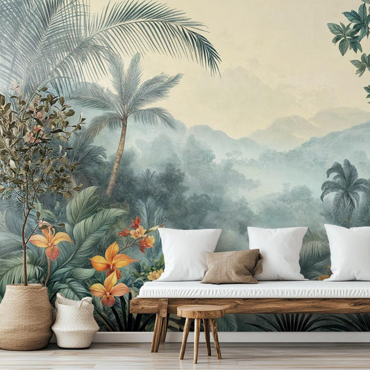 Vintage Tropical Jungle Lush Floral Wallpaper – detail view, Golden Era Walls
