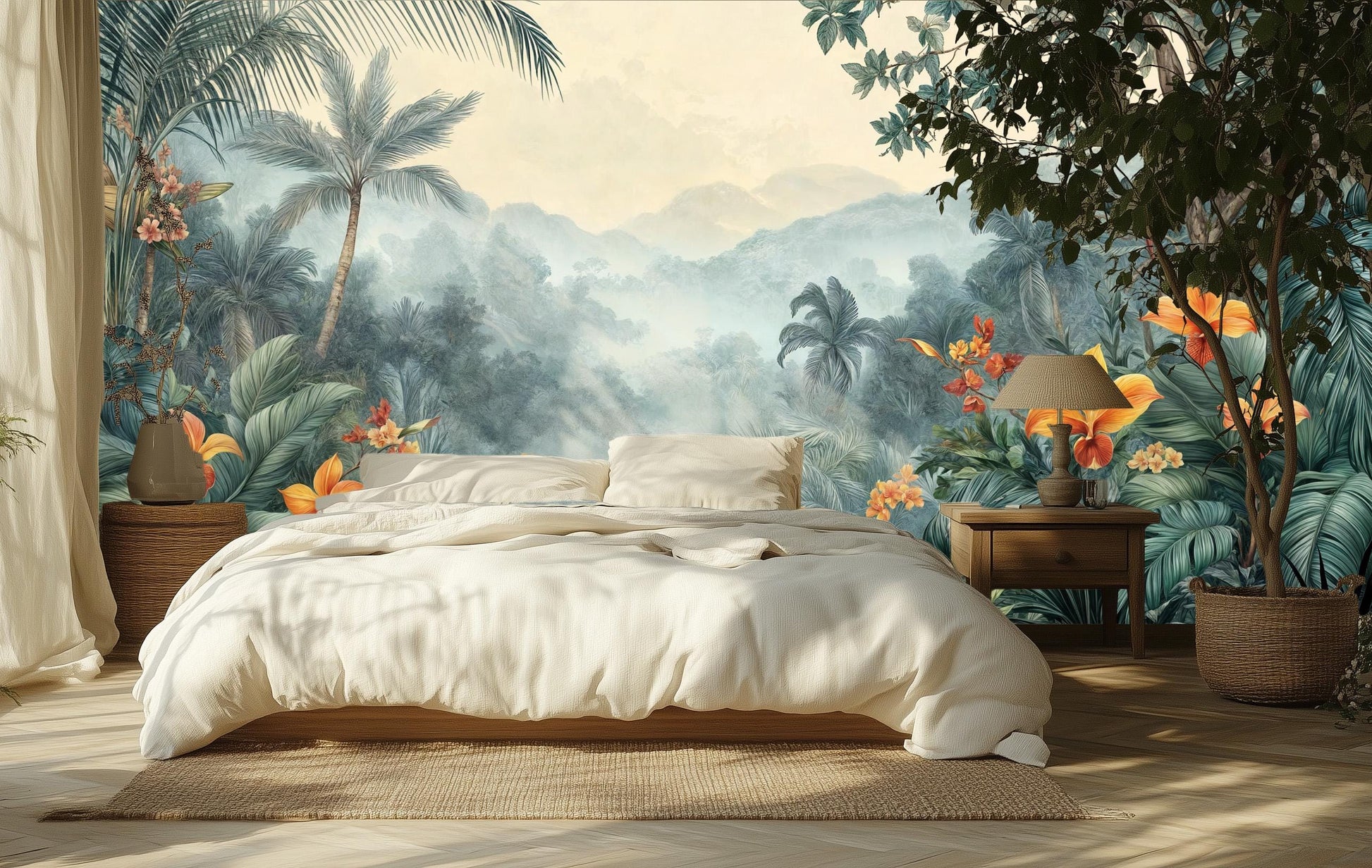 Vintage Tropical Jungle Lush Floral Wallpaper – scale reference, Golden Era Walls
