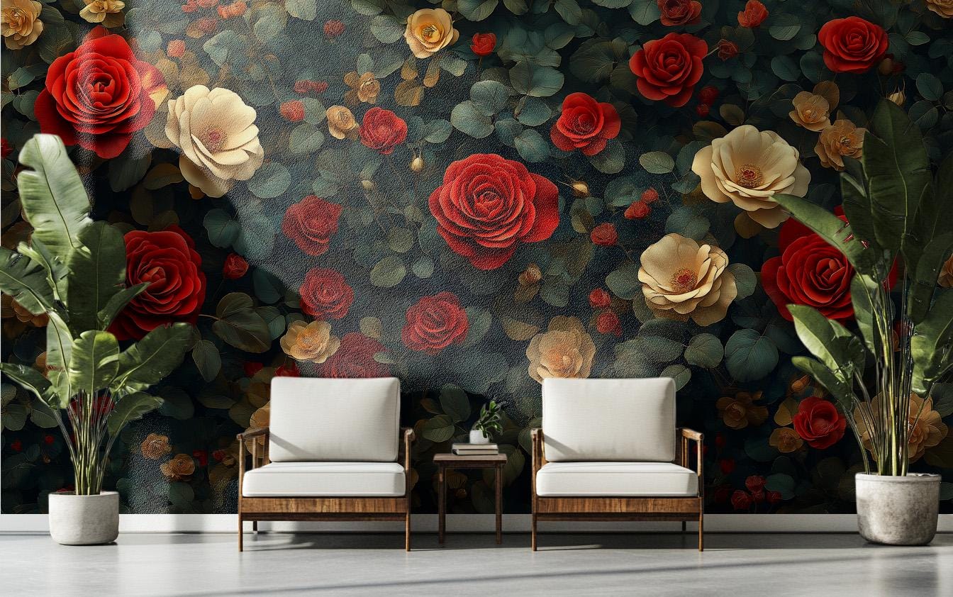 Vintage Rose Dark Romantic Floral Wallpaper wallpaper mural, detail view, Golden Era Walls